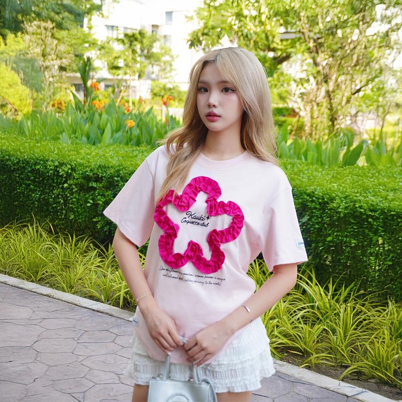Áo Thun Kauki Hoa Nổi May Nhúng Unisex Form Rộng Oversize Cotton 250gsm Nam Nữ Top Cá Tính Năng Động FR14 Cổ Tròn Women Nhung Kem 1