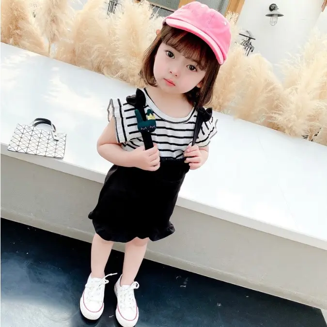 Setelan Set 2in1 Overall Anak Bayi Perempuan Kodok Garis Strip Pendek Import Cewek Parsel 3