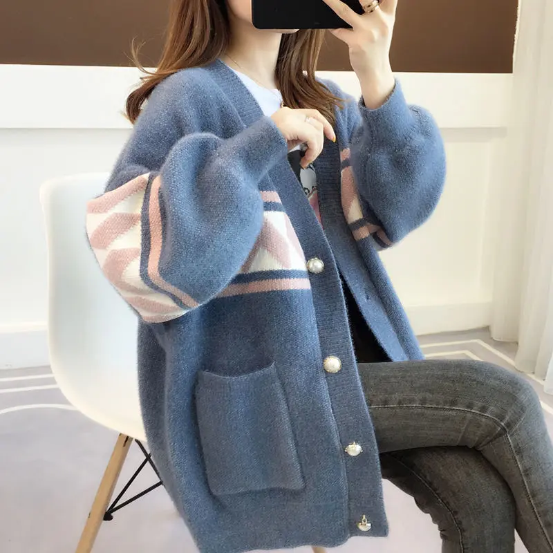 Áo Khoác Cardigan, Áo Len Nữ Ngoại Cỡ Thích Hợp Cho Cô Gái Đầy Đặn 100,00kg, Phong Cách Hàn Quốc, Dáng Rộng Rãi Và Lười Biếng, Dệt Kim Chenille Với Lông Chồn Women Top