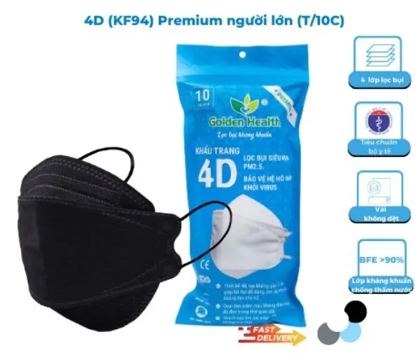Khẩu Trang 4D - KF94 GOLDEN HEALTH lọc bụi, kháng khuẩn (túi 10 cái) 2