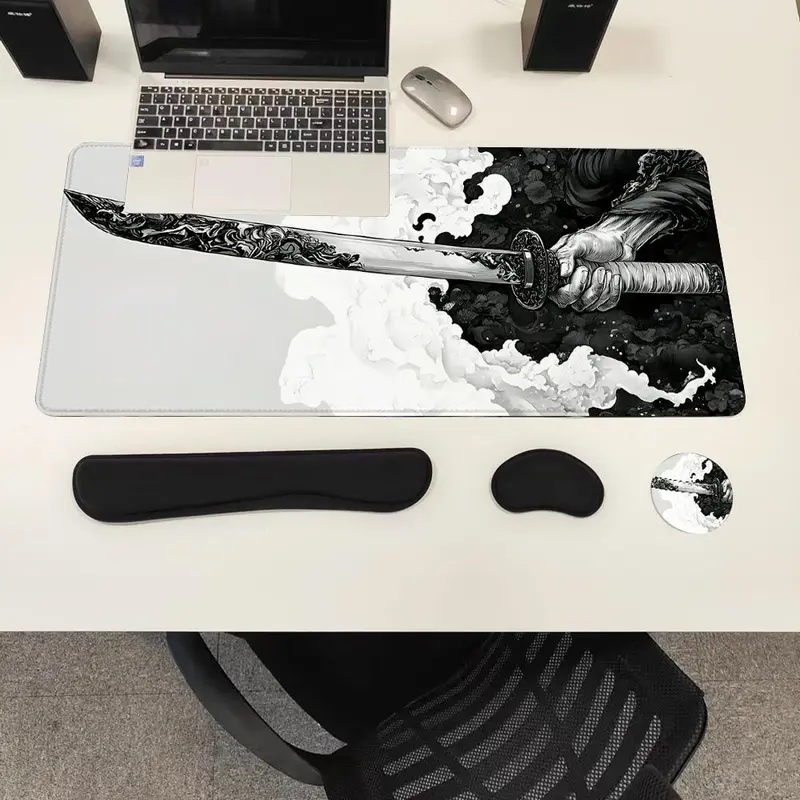 Manga Katana Pattern Mouse Pad & Keyboard Wrist Rest & Ergonomic Mouse Pad & Cup-Coaster Set, Ergonomic Wrist Support, Waterproof Computer Mat, Suitable for Home Office Gaming 5