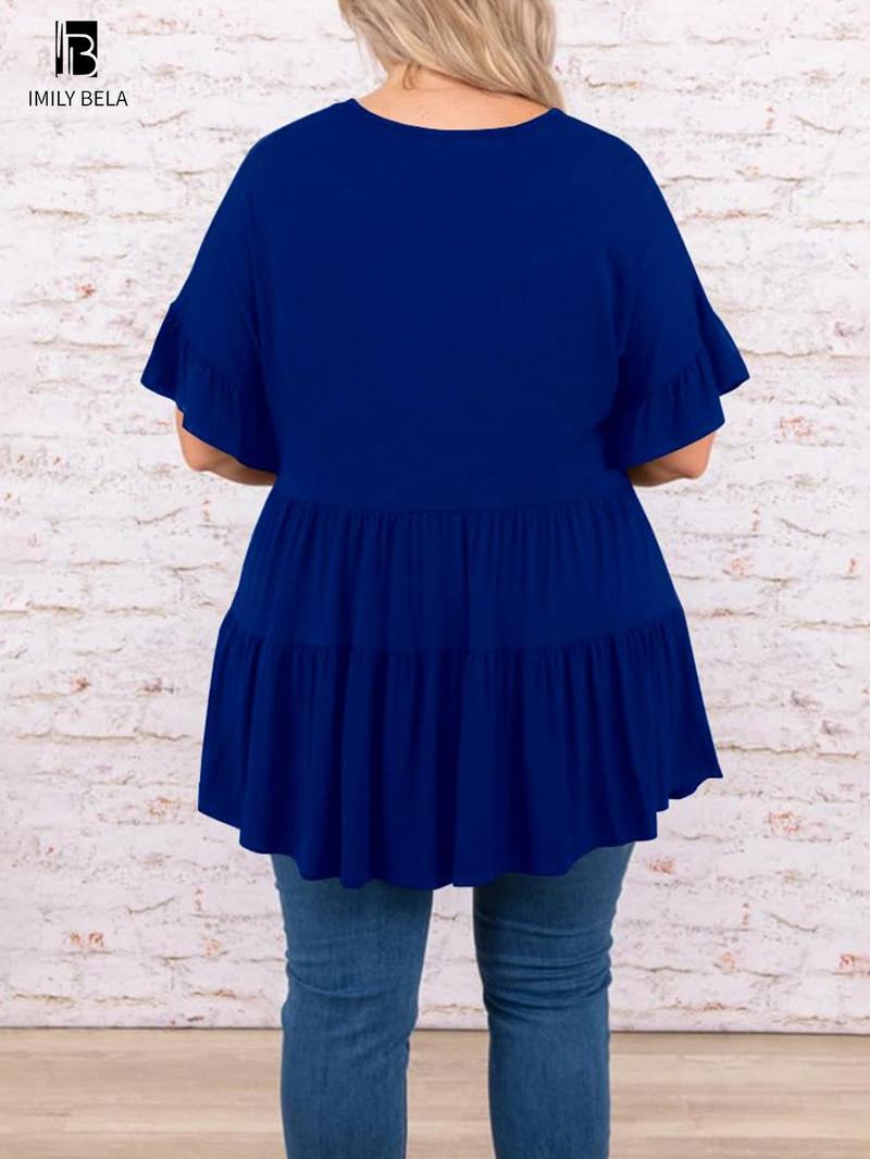 Product Introduction of 【Plus Size】 Solid V Neck Tee, Casual Short Sleeve T-shirt for Summer, Women's Clothing for Daily Wear 4