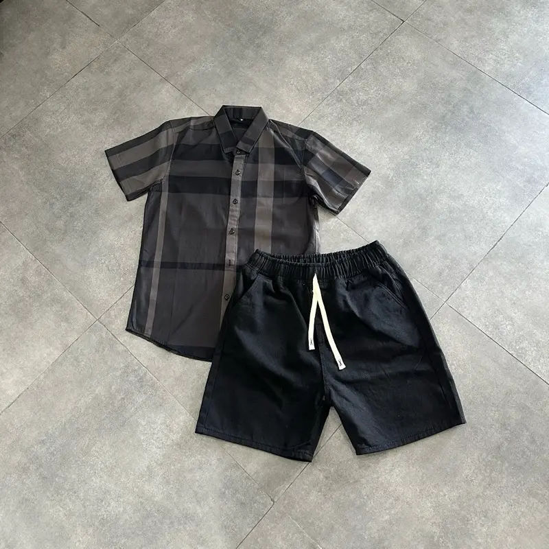 Bộ áo sơmi caro xám đen và short jean dây TO