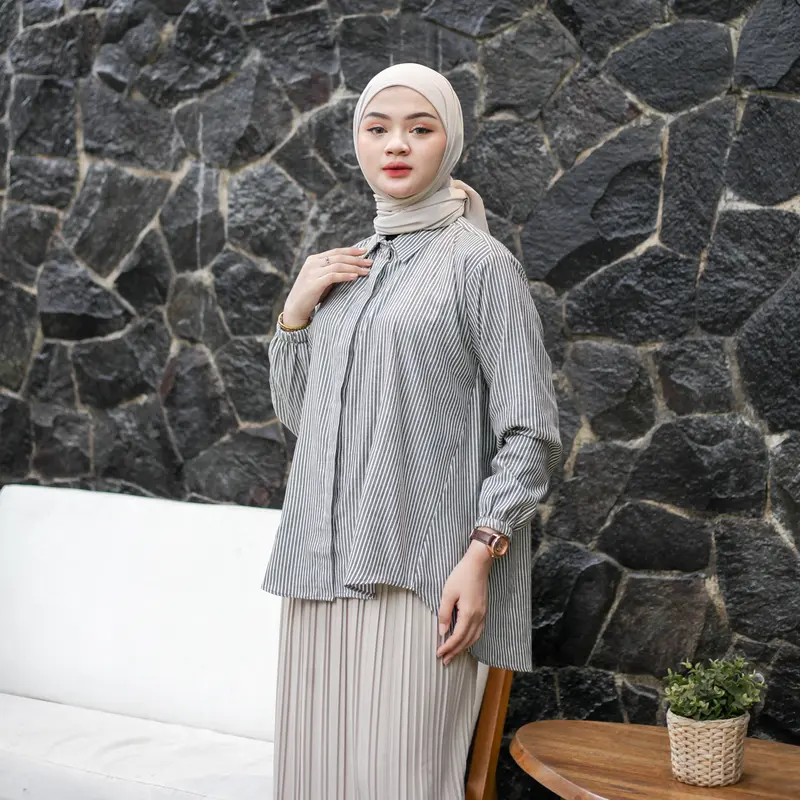 ELF STORE - KARA Kemeja Atasan Salur Stripe Katun LD Jumbo Wanita Muslim Panjang Kekinian Baju Oversize 5