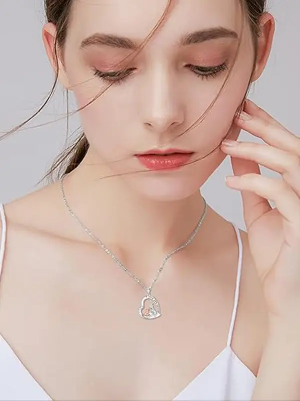 925 Sterling Silver Cute Dog & Girl Design Heart Shaped Pendant Necklace, Fashion Rhinestone Decor Jewelry for Party, Daily Decor, Trendy All-match & Exquisite Jewelry for Birthday Gift 4