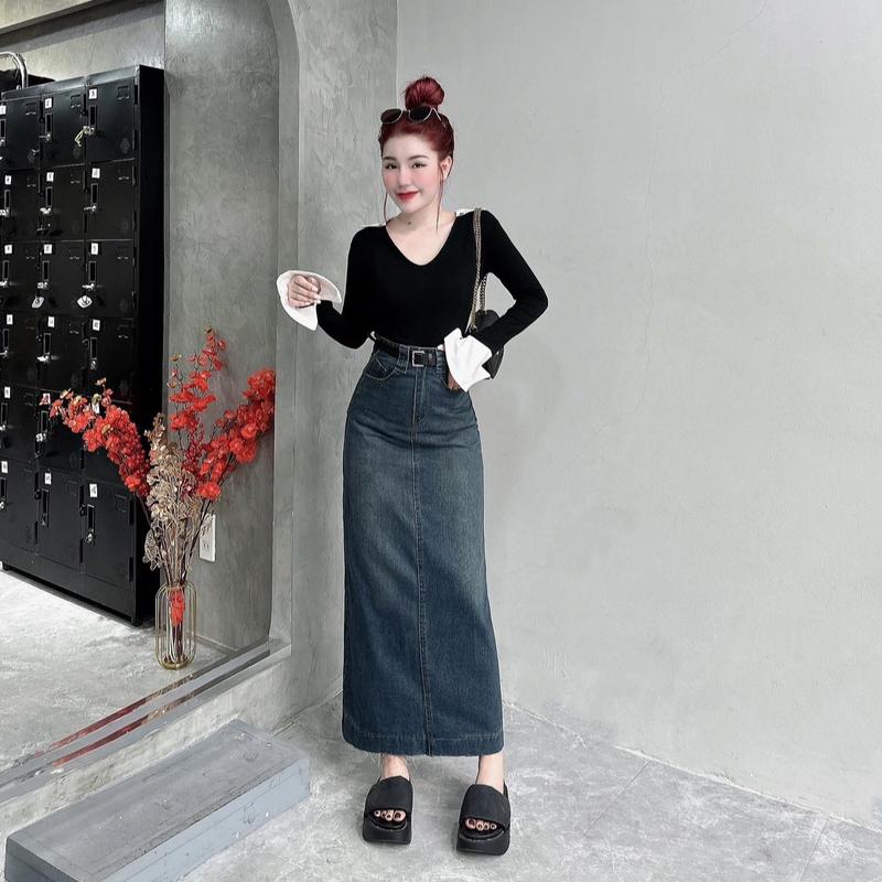 Chân váy jean dáng dài 90cm tua gấu #7379/80 [AN TÂY STORE68] kho3