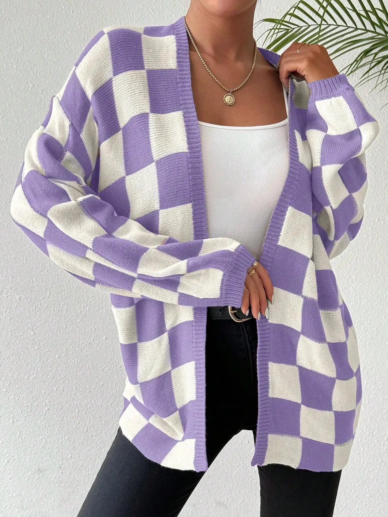 Women's Checkerboard Print Drop Shoulder Cardigan, Casual Long Sleeve Open Front Knitwear for Fall & Winter, Women's Knit Clothing for Daily Wear