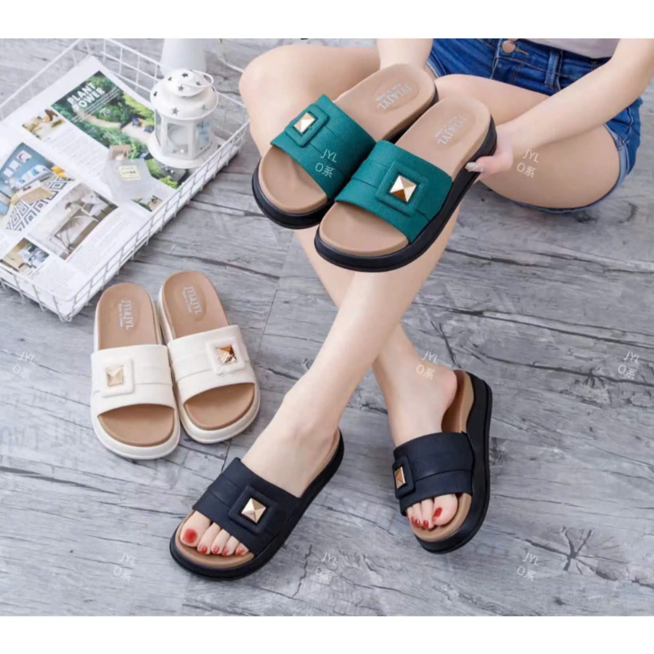 Dép bánh mì dép Nữ Quai Ngang 808 thời trang đính khóa cao 4 cmhotrend chống trượt