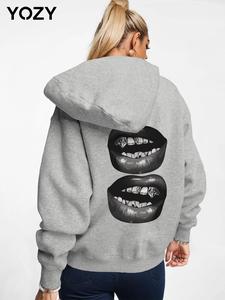 YOZY Women's Lip Print Drop Shoulder Thermal Lined Hoodie, Fashion Casual Long Sleeve Hooded Sweatshirt for Daily Holiday Outdoor Wear, Women Clothing for Fall & Winter