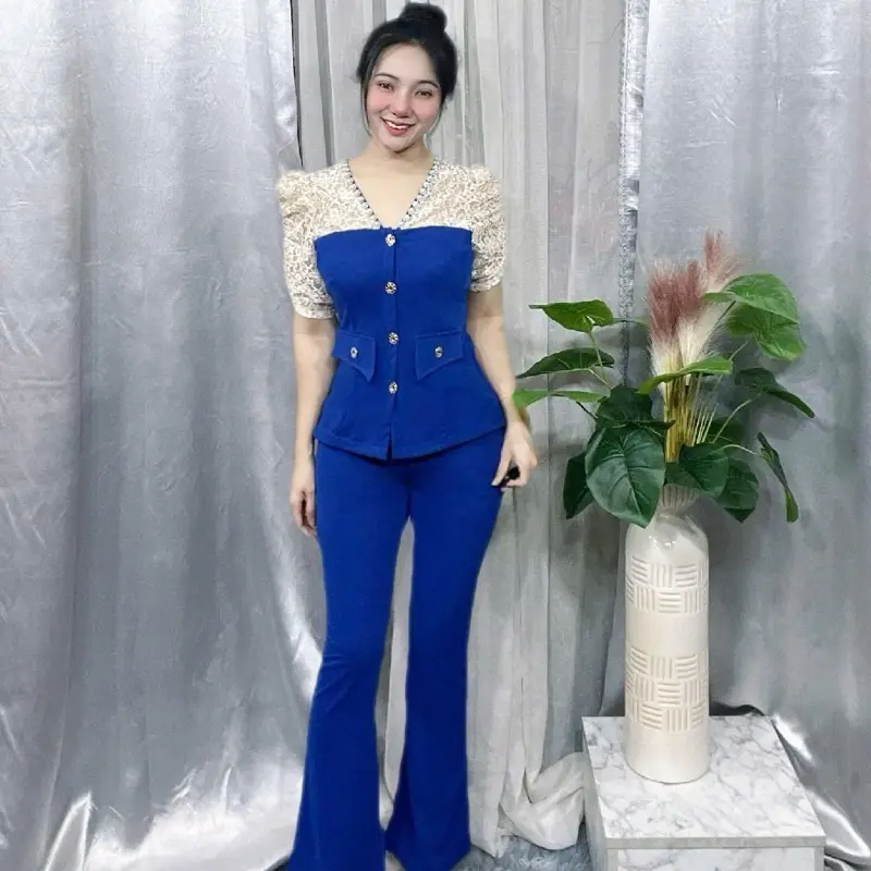 -Ms:1058.Set Thun Mỹ Phối  Ren Tay Phồng - Xưởng Phương Anh Đồ Bộ_Chuyên Thời Trang  -Freesize Nữ (Dưới 62Kg_Eo Dưới 80Cm)(Form Quần Ống Ôm/Bass ) Quần Lưng Bản Thun-Chất Thun Mỹ - Phù Hợp Đi Tiệc, Dạo Phố, Xem Phim, Coffee,....