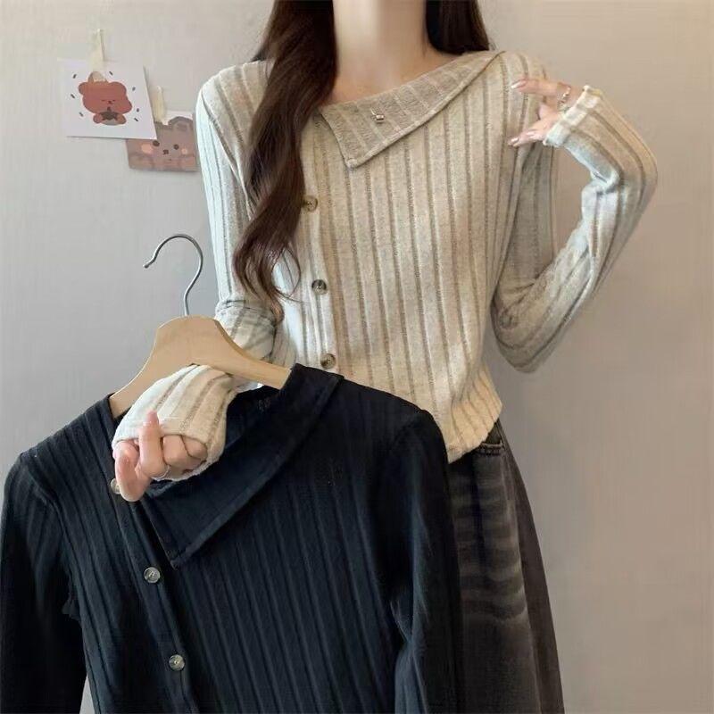 Áo Dệt Kim Cho Nữ, Áo Dài Tay Có Ngực Đơn, Thiết Kế Không Đều, Nếp Nhăn Mềm Mại, Mùa Thu