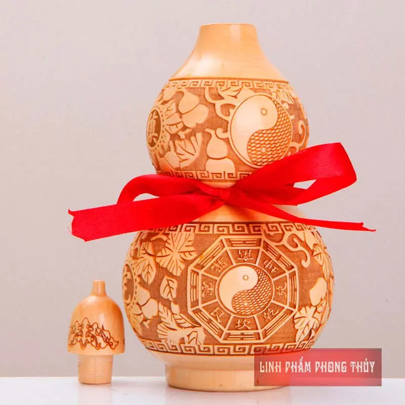 Vật Phẩm Phong Thủy Hồ Lô Gỗ Đào Khắc Bát Quái Kích Thước 10.5cm – 25cm 0