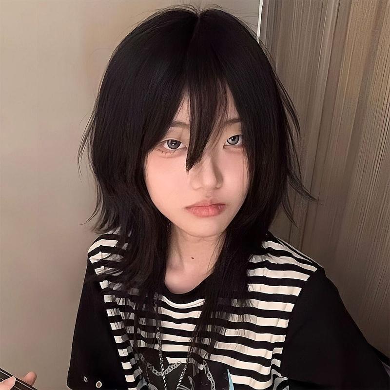 Product Introduction of Black Student Male Long Hair Wolf Tail Cos Unisex Hair Set Anime Male Mullet Head Tail Full Head Set 1