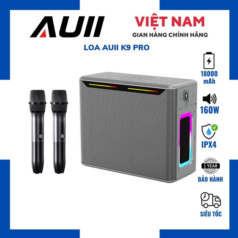 TẶNG NHẠC Loa AUII K9 PRO | Loa Karaoke AUII K9 PRO Công Suất 160W Peak 80W RMS Kháng Nước IPX4 Pin 18000mAh Cổng Sạc Type-C Nhập Khẩu Chính Hãng Bảo Hành 12T