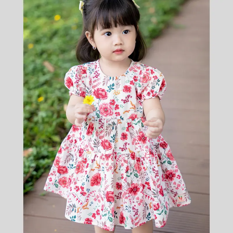 Váy bé gái chất thô cotton họa tiết hoa hồng xinh xắn 3