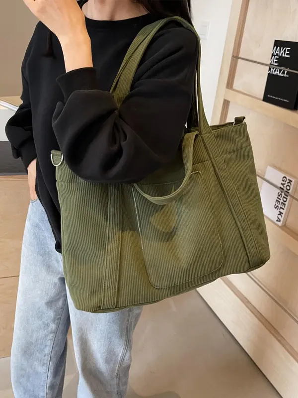 Women's Solid Color Corduroy Crossbody Bag, Fashionable Large Capacity Shoulder Bag for Daily Commute, Casual Trendy Versatile High-quality Daily Commuting Bag 3
