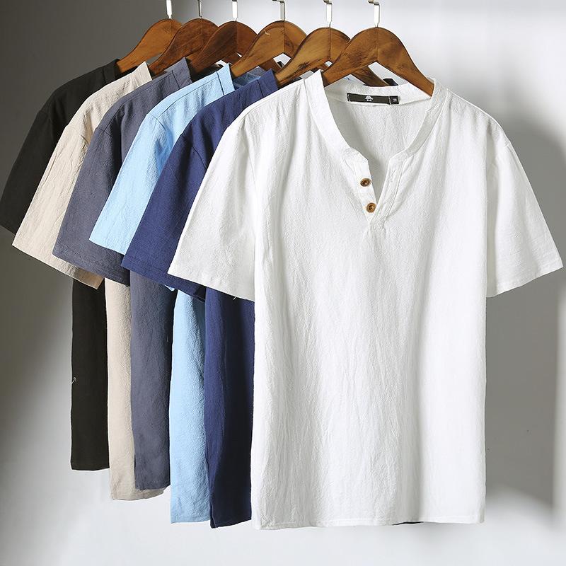 Men's Plain Shirt V-neck Tshirts Japanese Harajuku Cotton Linen With Buttons Csual Short Sleeves White T shirt  Big Size 4XL 5XL 5