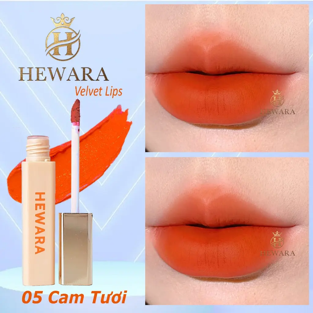 Son Kem Lì HEWARA Velvet Lips chất nhung mịn, mềm môi, bền màu, hàng chính hãng, màu CAM TƯƠI Son Môi Nữ