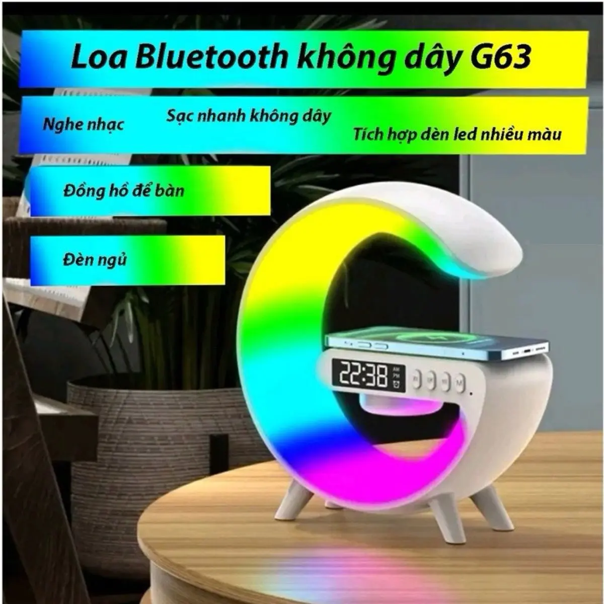 Loa Bluetooth Chữ G Đa Năng, Đen Led RGB Nháy Theo Nhạc, Sạc Nhanh Không Dây, Đồng Hồ Báo Thức Trang Trí Decor
