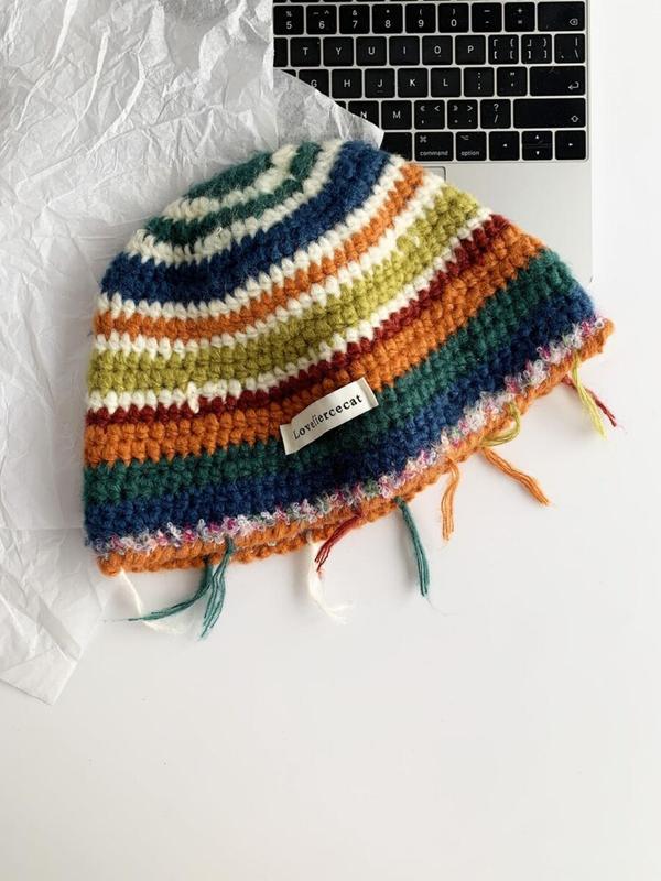 Rainbow Stripe Pattern Label Patched Design Beanie Hat, Casual Street Warm Ear Protection Knit Hat for Fall & Winter, Fashion Accessories for Women & Men 2
