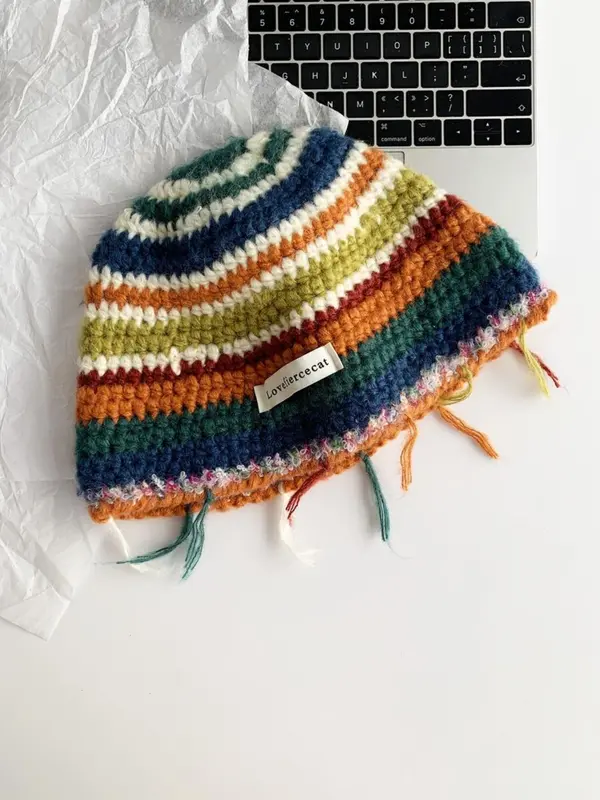 Rainbow Stripe Pattern Label Patched Design Beanie Hat, Casual Street Warm Ear Protection Knit Hat for Fall & Winter, Fashion Accessories for Women & Men 2