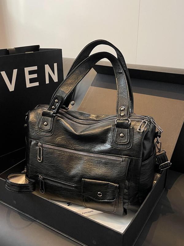 Women's Fashion Elegant Large Capacity Tote Bag, Vintage Trendy Pu Leather Shoulder Bag, Casual Versatile Zipper Tote Bag for Trip & Business, Designer Bags 5