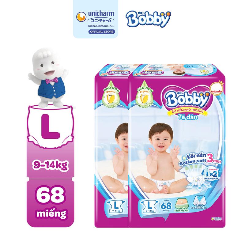 [COMBO 2] Tã/bỉm dán Bobby lõi nén cotton-soft 3mm L68 cho bé