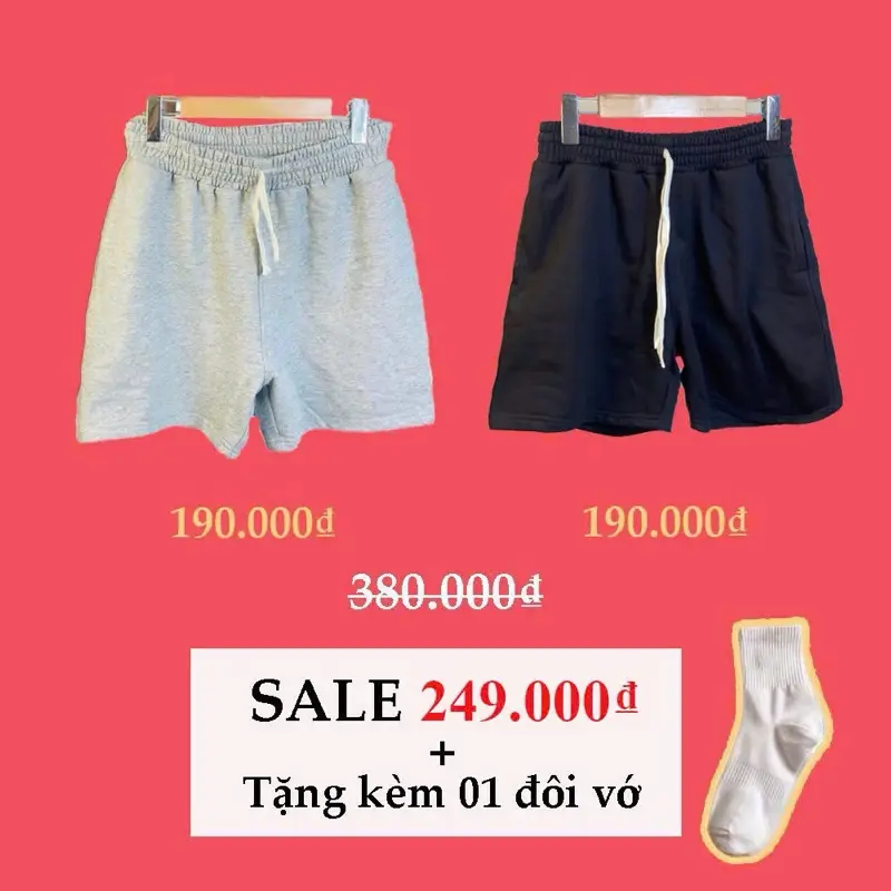 COMBO 2 Quần Short Trơn Basic Unisex (ĐEN/XÁM) Menswear Nam, Nỉ Chân Cua (Tặng vớ) 0