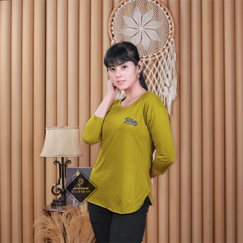 Paket 3 Pcs Kaos Oversize L / Kaos Wanita Lengan 7/8 / Kaos Spandek Polos V-Neck Slim-fitting Rayon Belah Samping Motif Panjang Atasan Korean Silver T-shirts kaos wanita 5