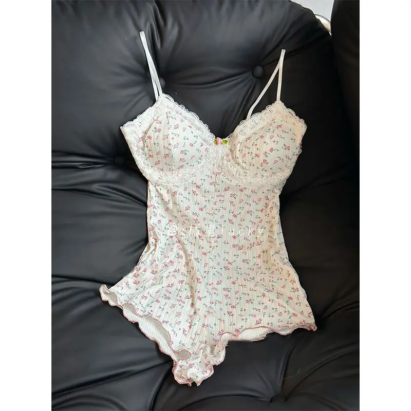 Bộ Đồ Ngủ Phong Cách Pháp, Bộ Sưu Tập Mùa Hè Ngọt Ngào OOTD, Dành Cho Bé Gái Và Phụ Nữ, Bộ Áo Jumpsuit Quần Hoa Mới 2024, Dễ Thương Và Gợi Cảm, Đồ Mặc Nhà Ren Có Niềng Răng