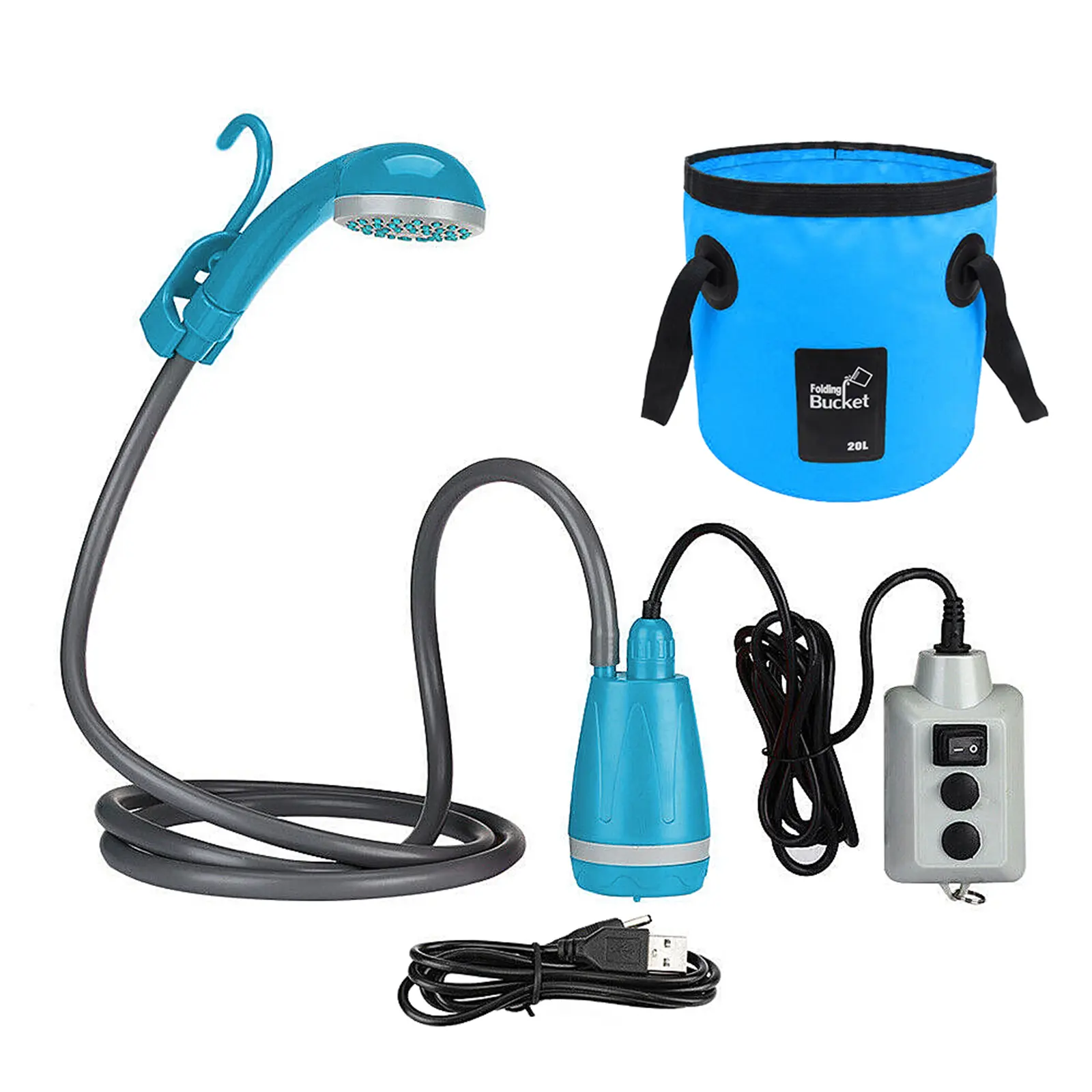 Outdoor Camping Shower Pump USB Rechargeable Shower Head with Folding Bucket for Camping Hiking Traveling