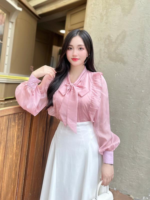 Áo sơ mi nữ tơ cổ nơ 2 hàng bèo - A1852 Kymie. Áo sơ mi kiểu, sơ mi cách diệu style Hàn Quốc