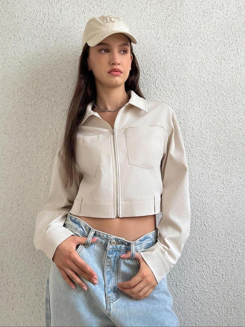 Product Introduction of Women's Solid Drop Shoulder Zip Up Crop Jacket, Casual Long Sleeve Collared Pocket Outerwear for Spring & Fall, Ladies Clothes for Daily Wear 6