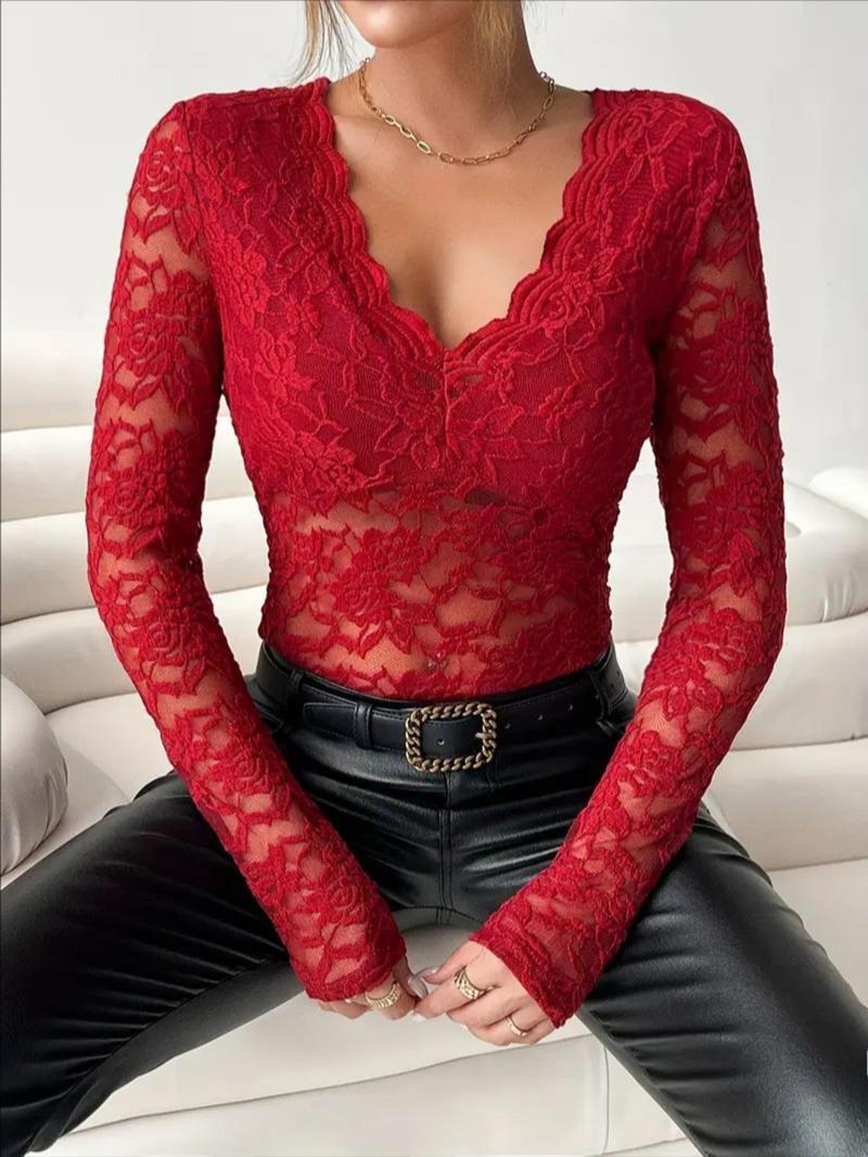 Product Introduction of Women's Plain Contrast Mesh Scallop Trim Sheer Lace Top, Casual V Neck Long Sleeve Top for Party Holiday Vacation, Ladies Clothes for All Seasons Valentine's Day, gift 15
