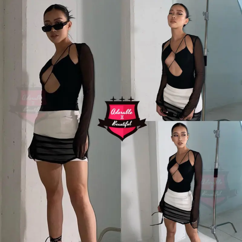 [Tổng Hợp] Bodysuit Đen Thun Tay Dài Lưới Cut Out Sexy Quyến Rũ, Áo Liền Thân Dây Ôm Body Hở Ngực [AdorablexBeautiful] 3