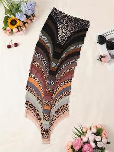 Women's 25pcs Plain/Leopard/Zebra Stripe Print Scallop Trim Thong, Soft Comfy Breathable Seamless Panty for Daily Wear, Ladies Underwear for All Seasons