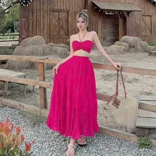 Sét váy nữ maxi đi biển du lịch áo kiểu cổ yếm kèm chân váy nữ Top vaynu hot đầm body 1