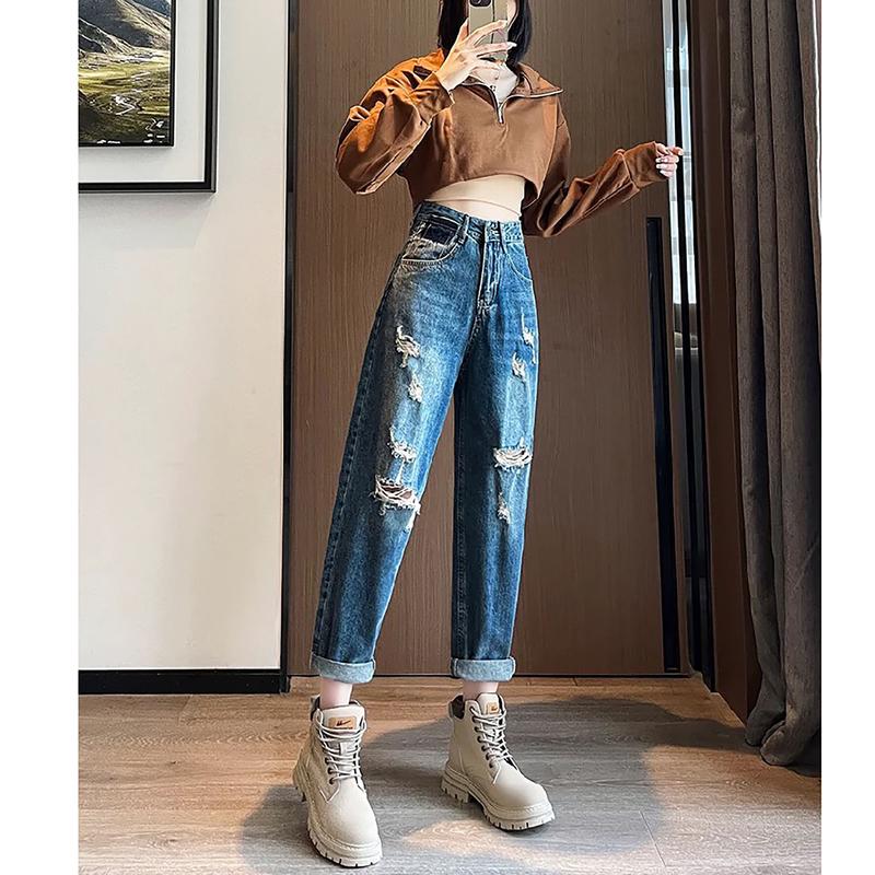 Product Introduction of Quần Jean Baggy Nữ BigSize Lưng Cao Rách bụi, Phong Cách Hàn Quốc, Màu Xanh Đá Đậm Rách 3006 3007 Lưng Chun Denim Pants Women 5