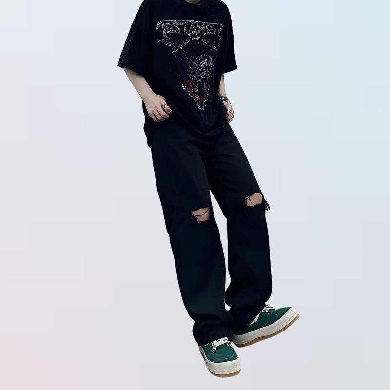 Quần baggy jean nam ống rộng rách gối to màu đen trơn chất bò dãn nhẹ Q810 dáng chuẩn Menswear Pants Có Túi