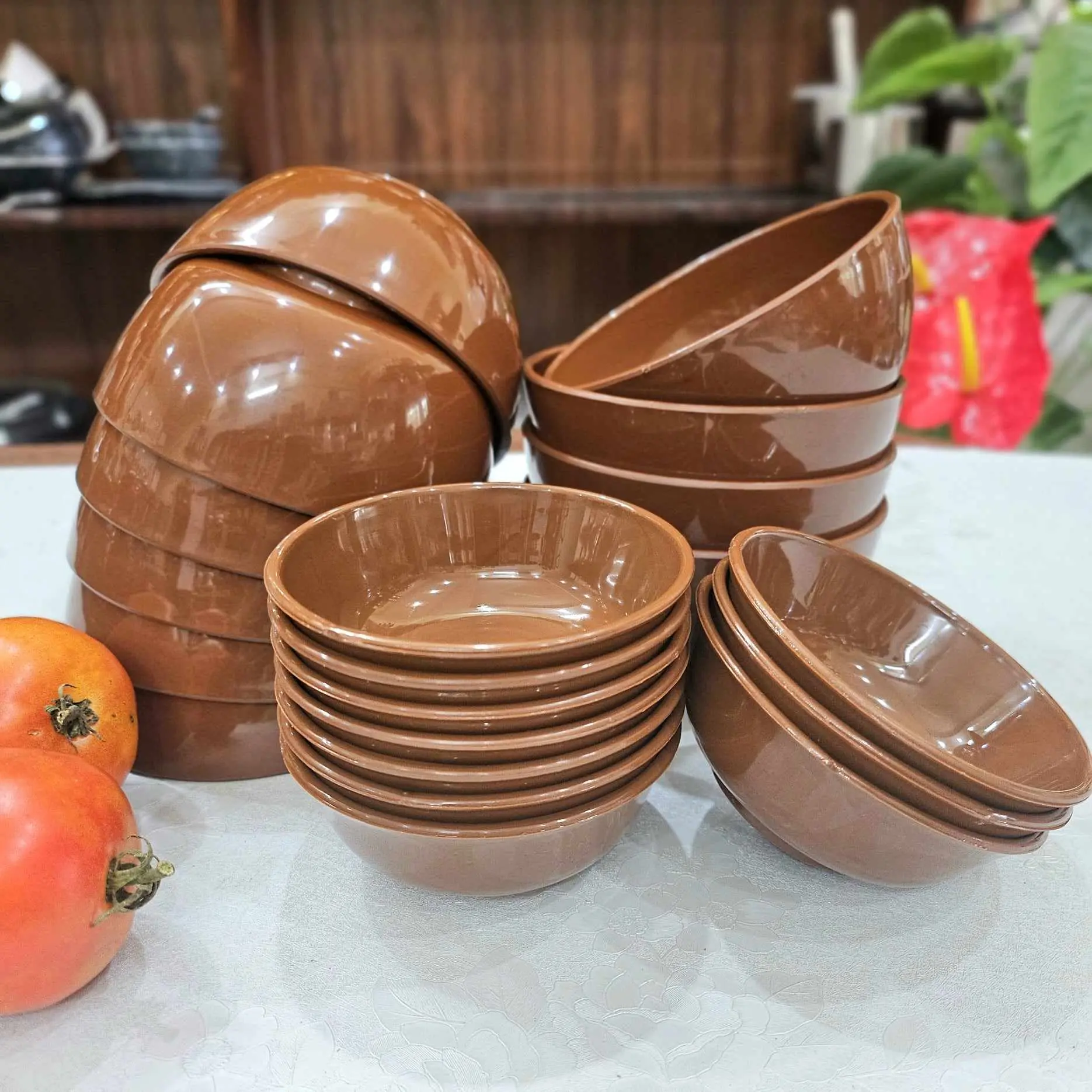 (10, 20 cái) Chén cơm Nhựa PP dẻo + chén chấm tròn. Màu Nâu đậm. . An toàn, chịu nhiệt tốt, độ bền cao
