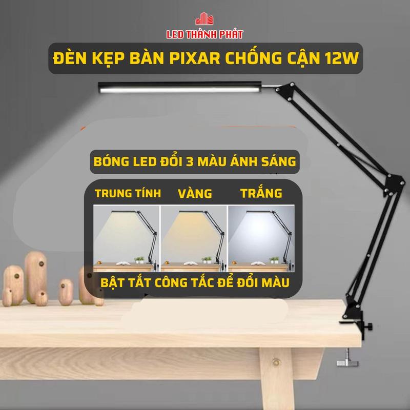 Đèn kẹp bàn học PIXAR CLIP đọc sách, làm việc, hiện đại bóng LED 6W 3 chế độ sáng bảo vệ thị lực