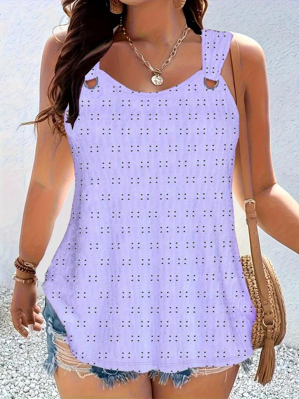 Plus Size Eyelet Embroidery Hollow Out Metal Decor Slim-fit Tank Top, Casual Sleeveless Top for Summer, Women's Plus Clothing for Daily Wear, Cute Summer Tops 1