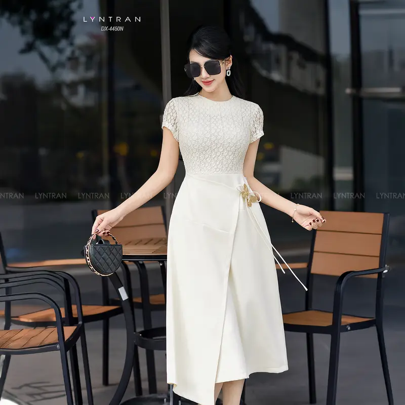 Đầm xoè ngắn tay hai tà váy hàng thiết kế LYNTRAN DX-4450N - Chất Len zen hoa phối chéo ý, dài 110cm, 2 lớp thân trên - Size S,M,L,XL - Nữ Women Dress  Trắng 4