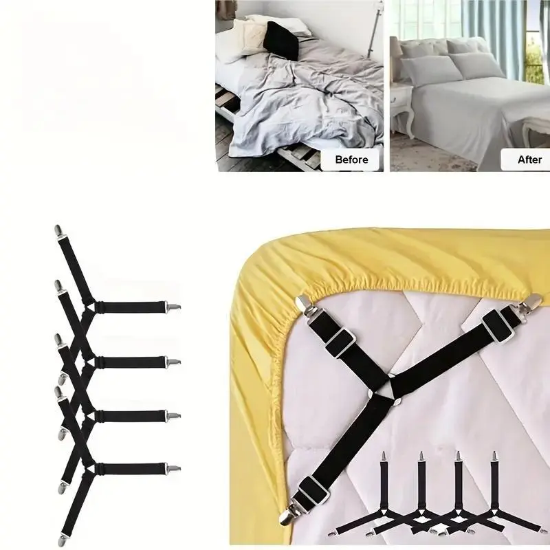 Adjustable Elastic Bed Sheet Fastener, 4 Counts/set Triangle Metal Clip Quilt Fixing Strap, Bedding Accessories for Home Bedroom Hotel Dormitory 3