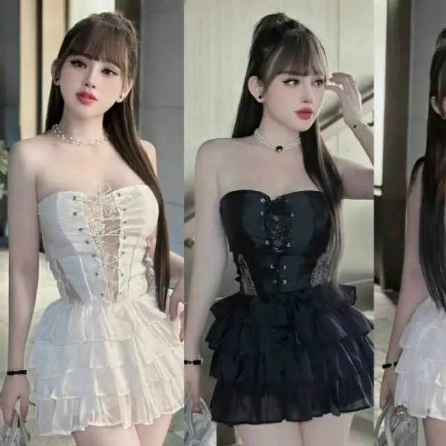 ￼Váy nữ cup dây đan mix chân váy tầng xinhh