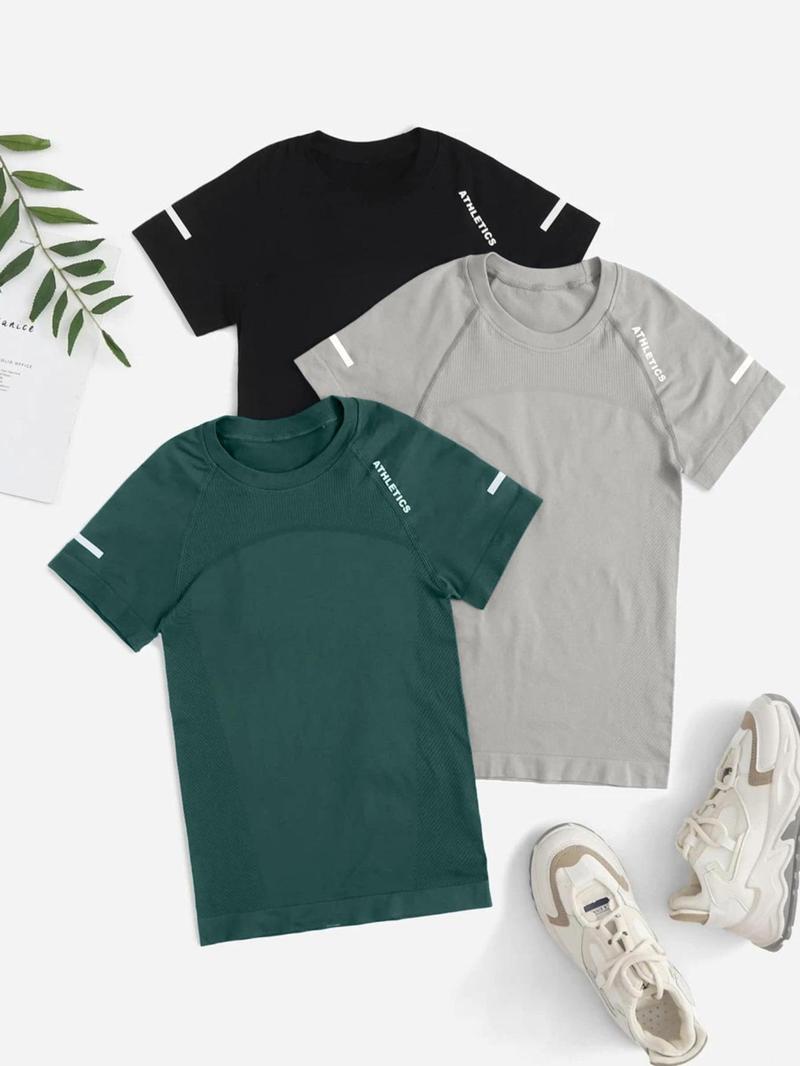 Product Introduction of Women's Letter Print Raglan Sleeve Sports Tee Gym Tops, Snug Fit Round Neck Short Sleeve T-shirt,  Breathable Fabric Workout Tops, Athletics Fitness Clothes, Active Wear Gym Clothing, Ladies Compression Shirts Sportswear for Yoga Gym Workout Birthday 13