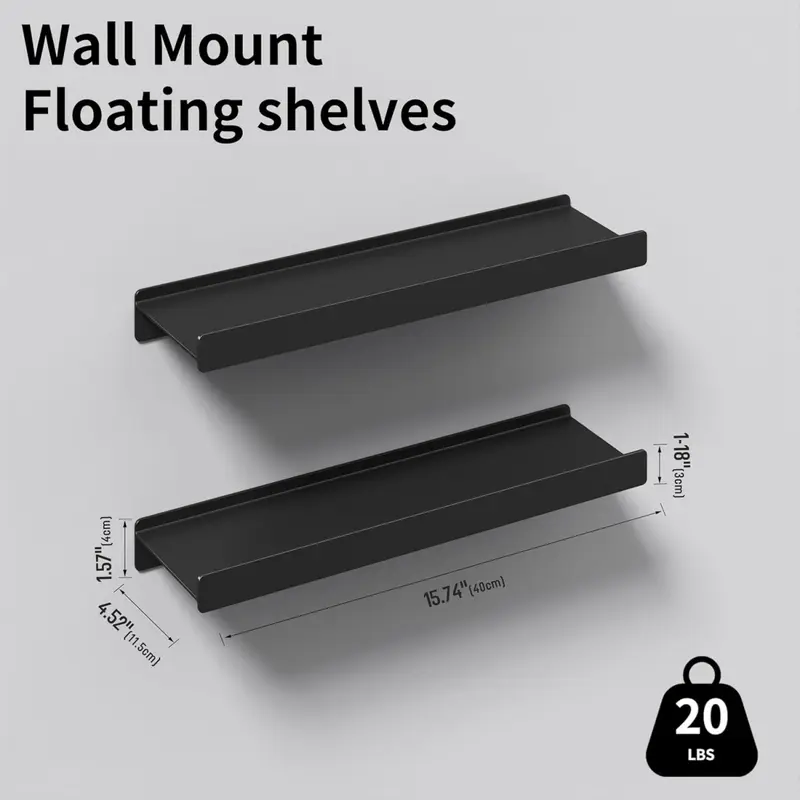 Floating Shelves for Wall, Wall Mounted Shelves with Lip for Storage, Metal Display Shelves for Home Decor, Kitchen/Living Room/Bedroom/Bathroom Shelf, Black 16 inch 2 Pack 2