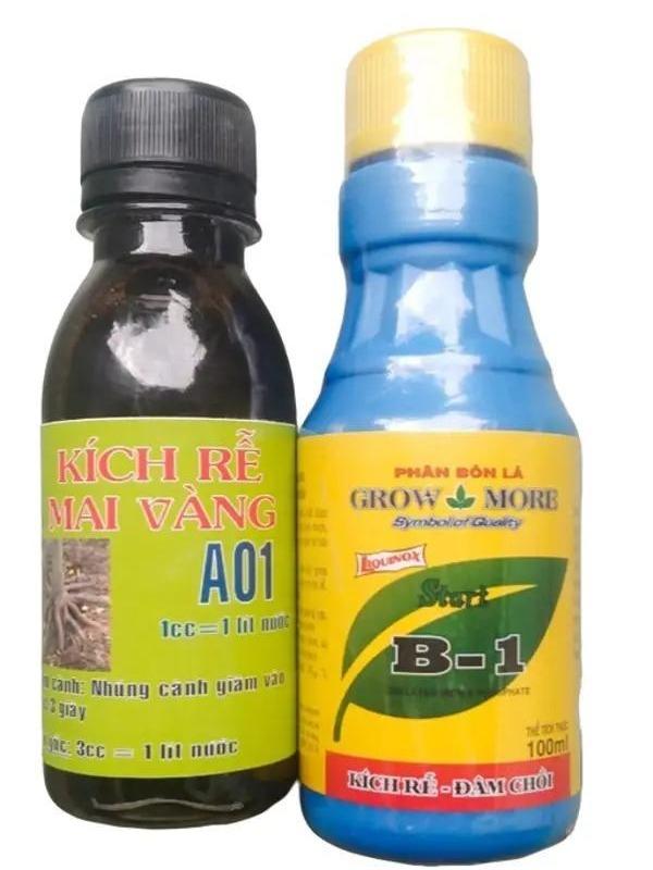 Combo KÍCH RỄ MAI VÀNG A01 100ml và phân bón lá Growmore Vitamin B1 100ml dùng kích rễ, kích chồi cây Mai vàng, hoa hồng, bonsai, hoa kiểng