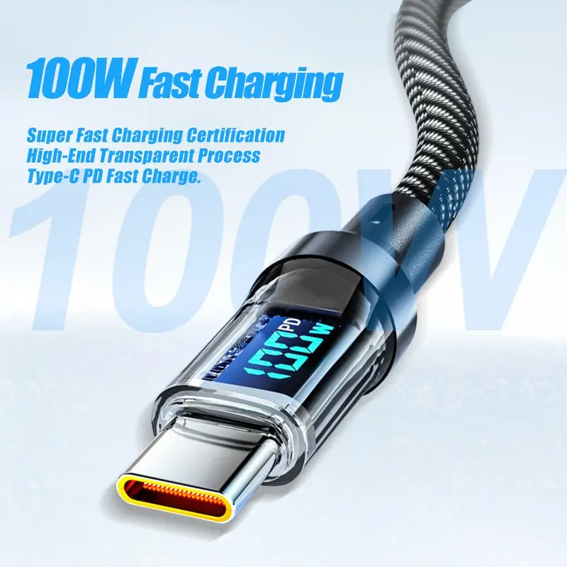 100W Fast Charging Type-C Data Cable, Intelligent Digital Display Phone Charging Cable, Wear-Resistant Nylon Braided Durable Data cable for iPhone 15 & Android, Smartphone Accessories, Boyfriend Gift 3