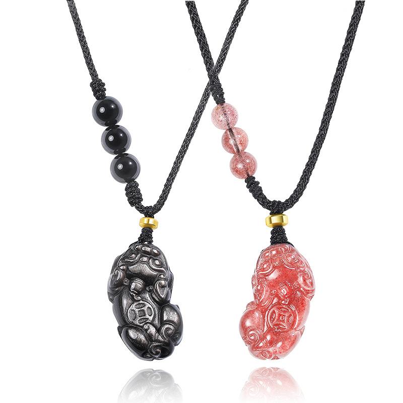 Badu Natural Strawberry Quartz Obsidian Lucky Fortune Swallowing Gold Beast Men's and Women's Pi Xiu Pendant Couple Necklace 4